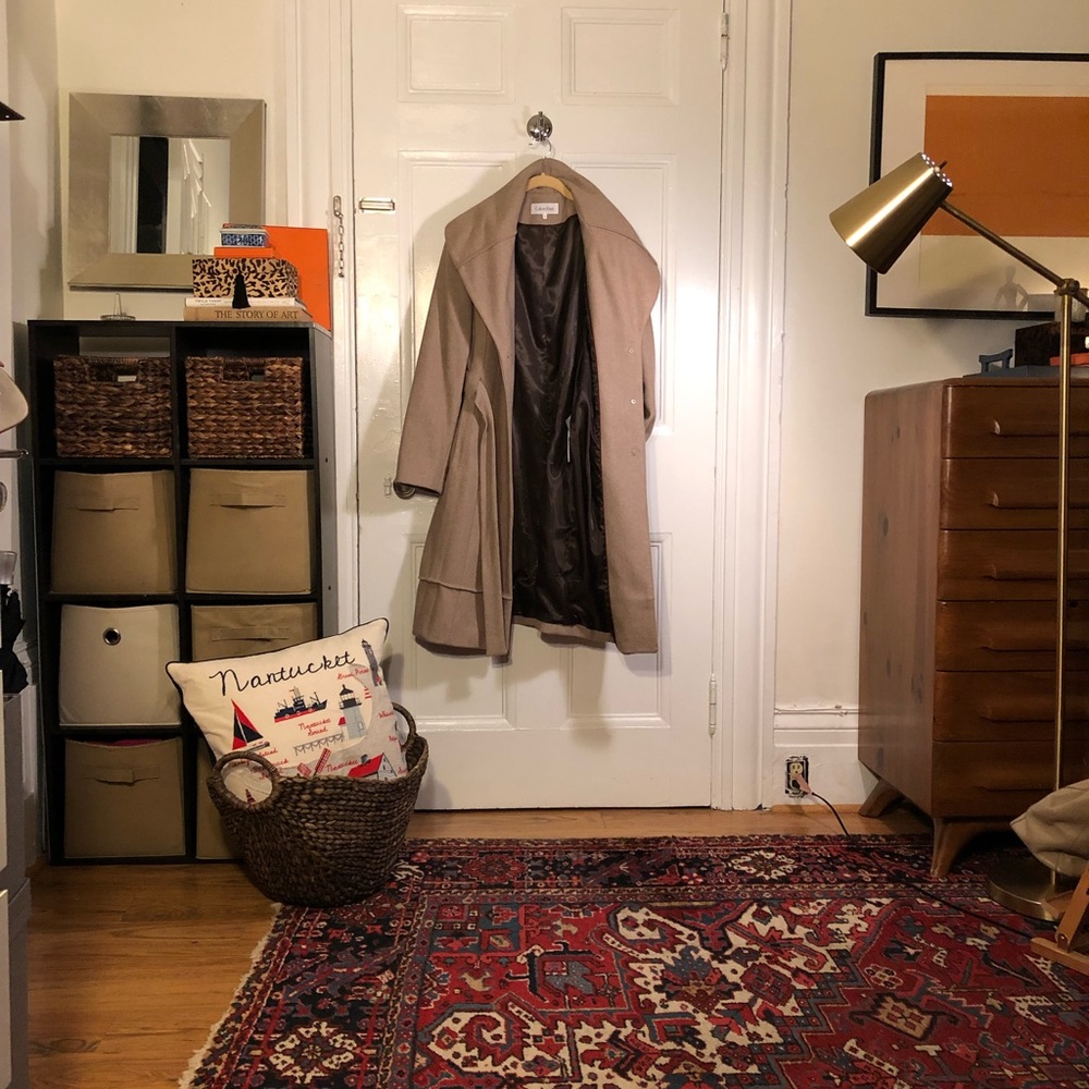Chic Calvin Klein Camel Wool trench coat.